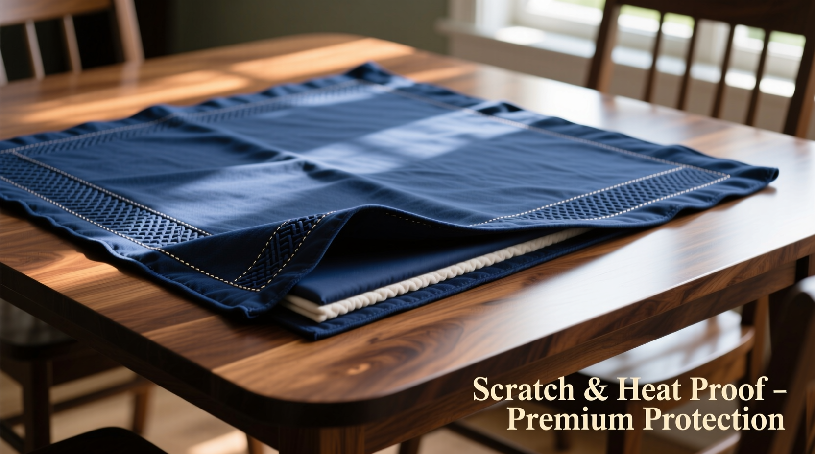 thick tablecloth or table pad which actually protects the table from scratches and heat