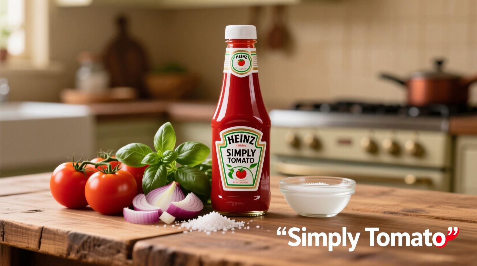 Heinz Simply Tomato Ketchup bottle next to ingredients