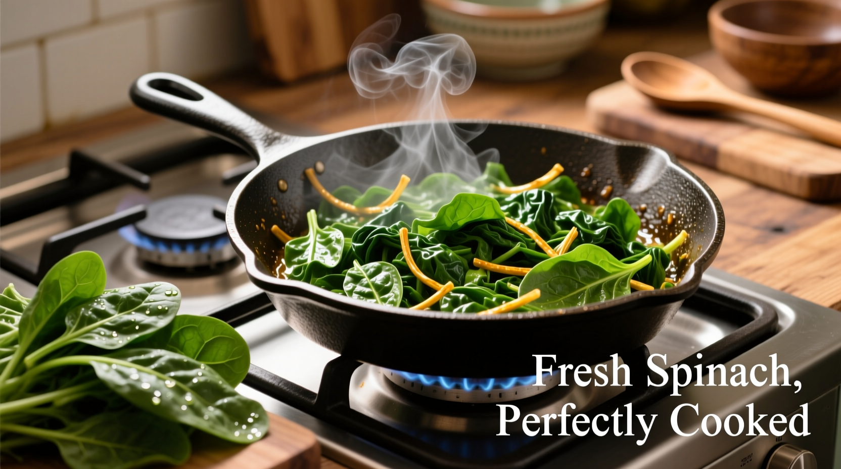 Cooked spinach in skillet with fresh raw spinach