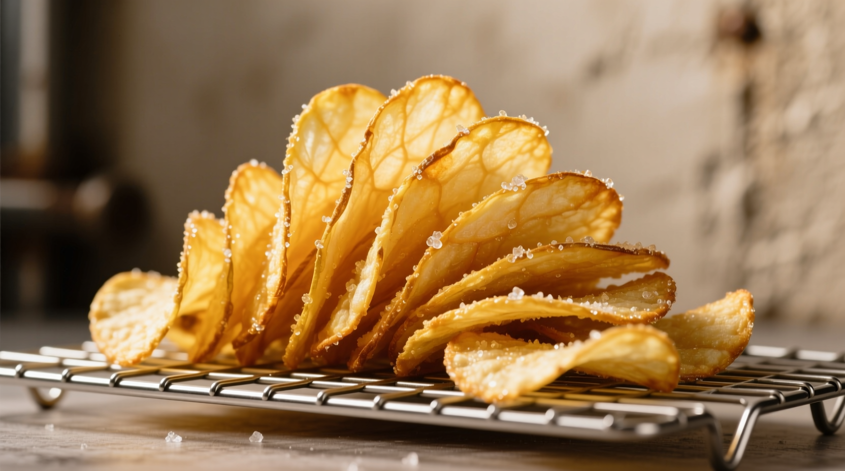 Perfectly golden fried potato crisps on wire rack