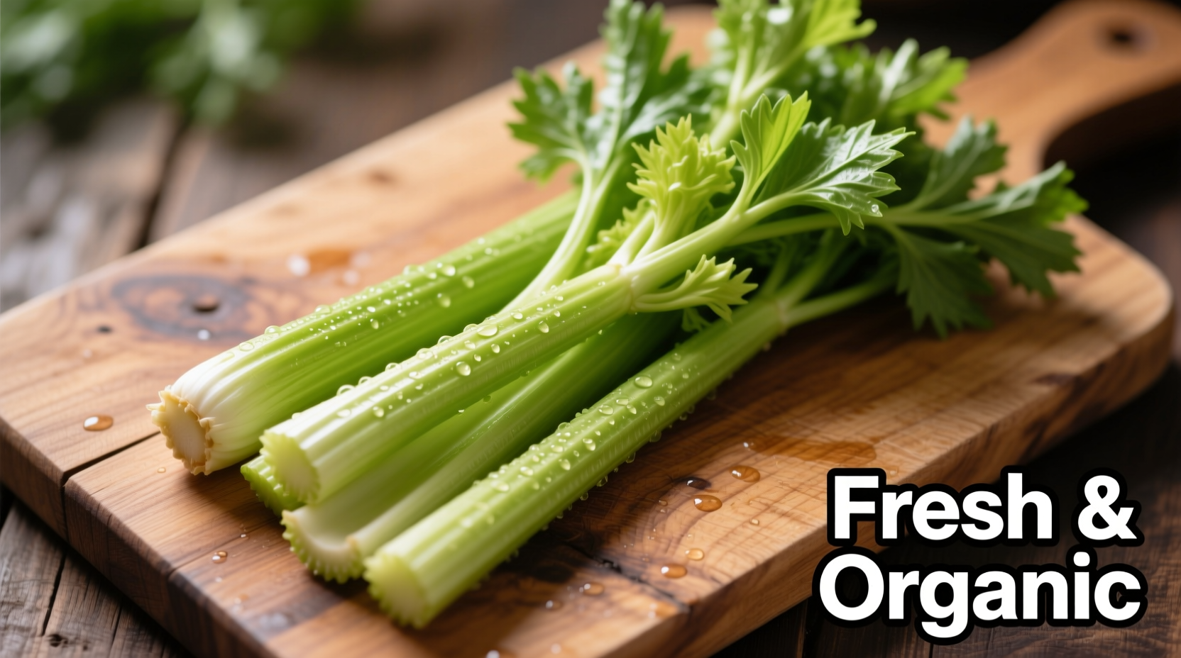 Fresh organic celery stalks with leaves on wooden cutting board