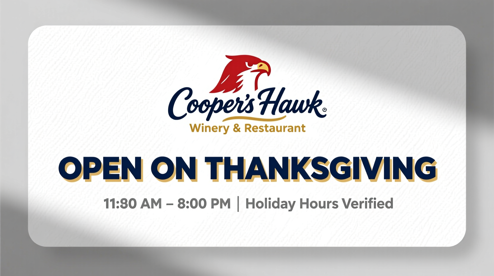 is coopers hawk open on thanksgiving