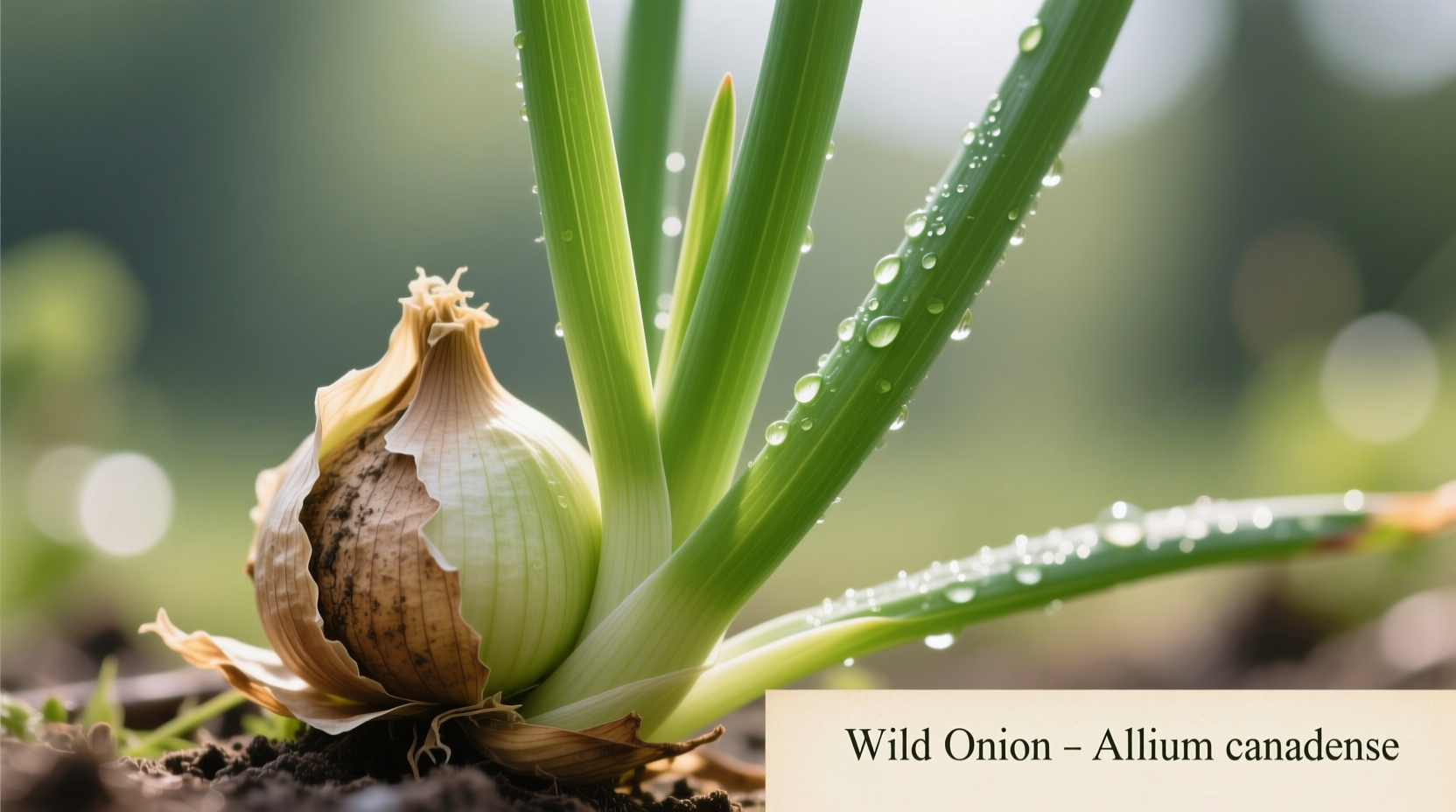 Close-up of wild onion plant with visible bulb and leaves