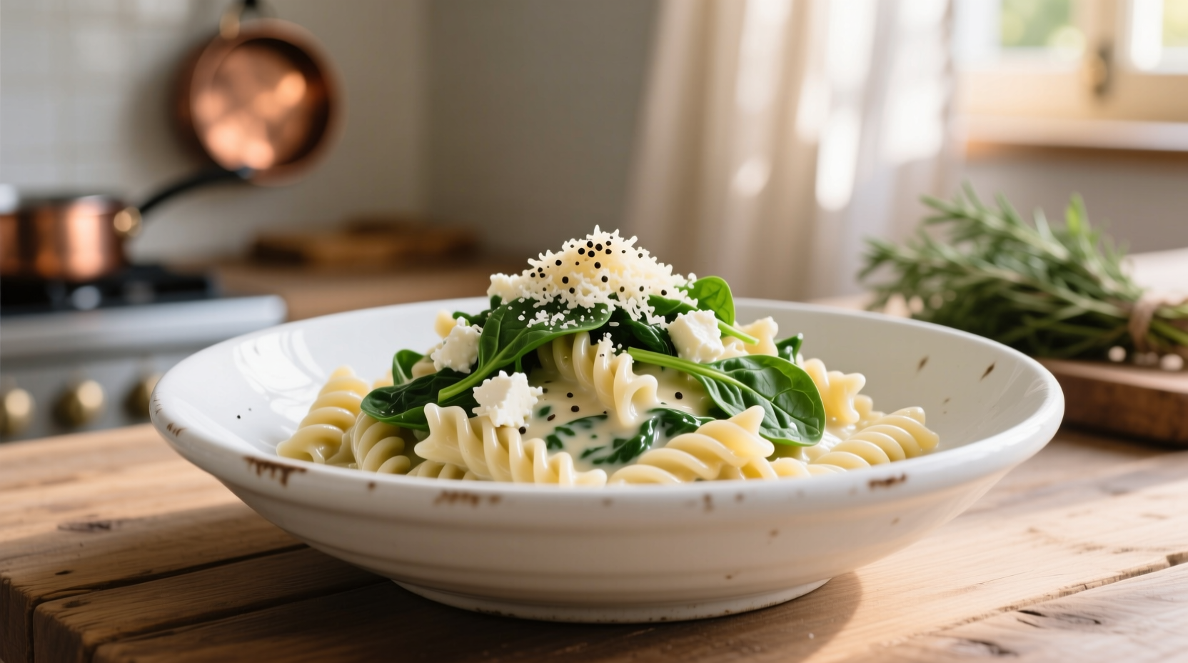 Creamy spinach feta pasta in white bowl