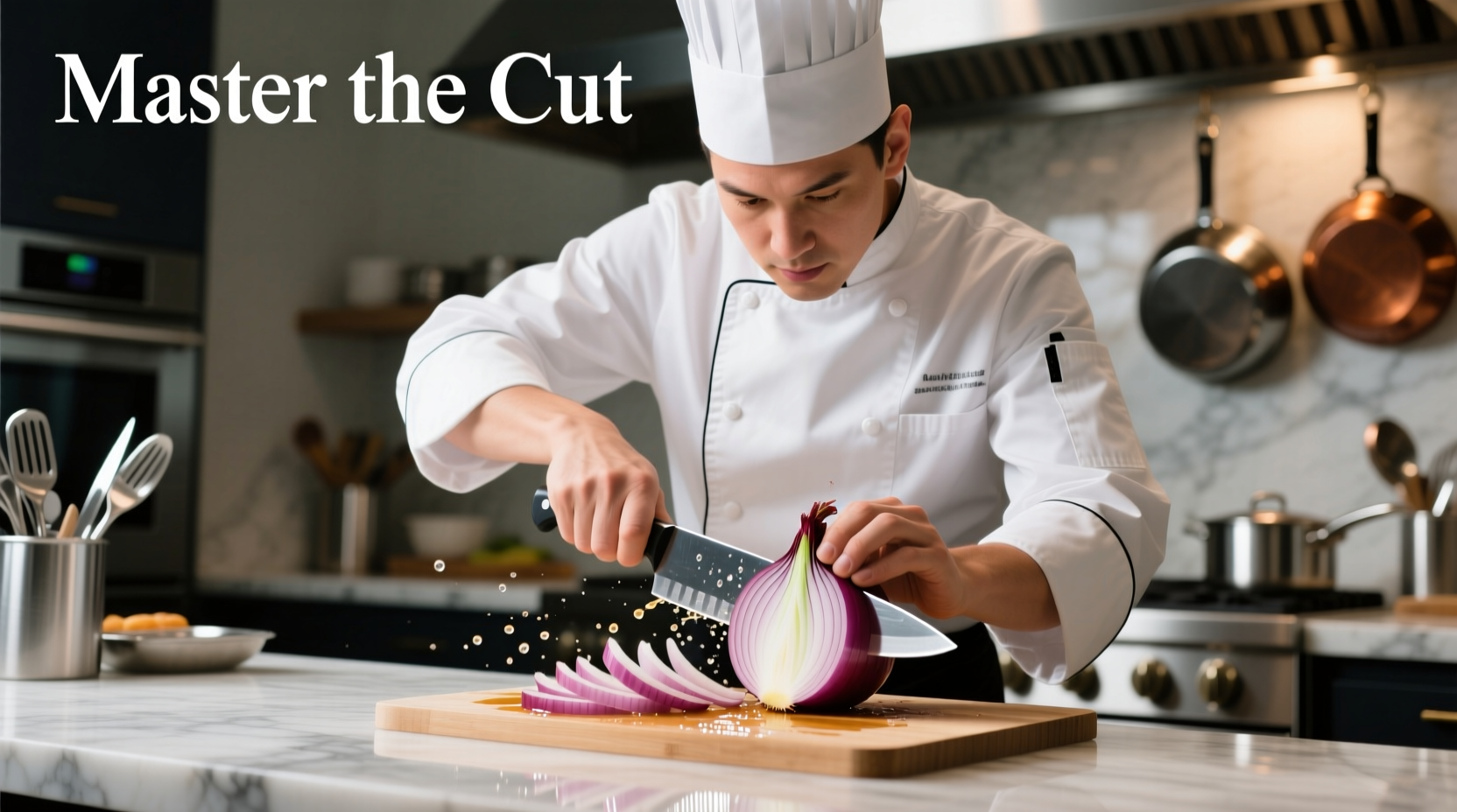 Chef demonstrating proper onion cutting technique