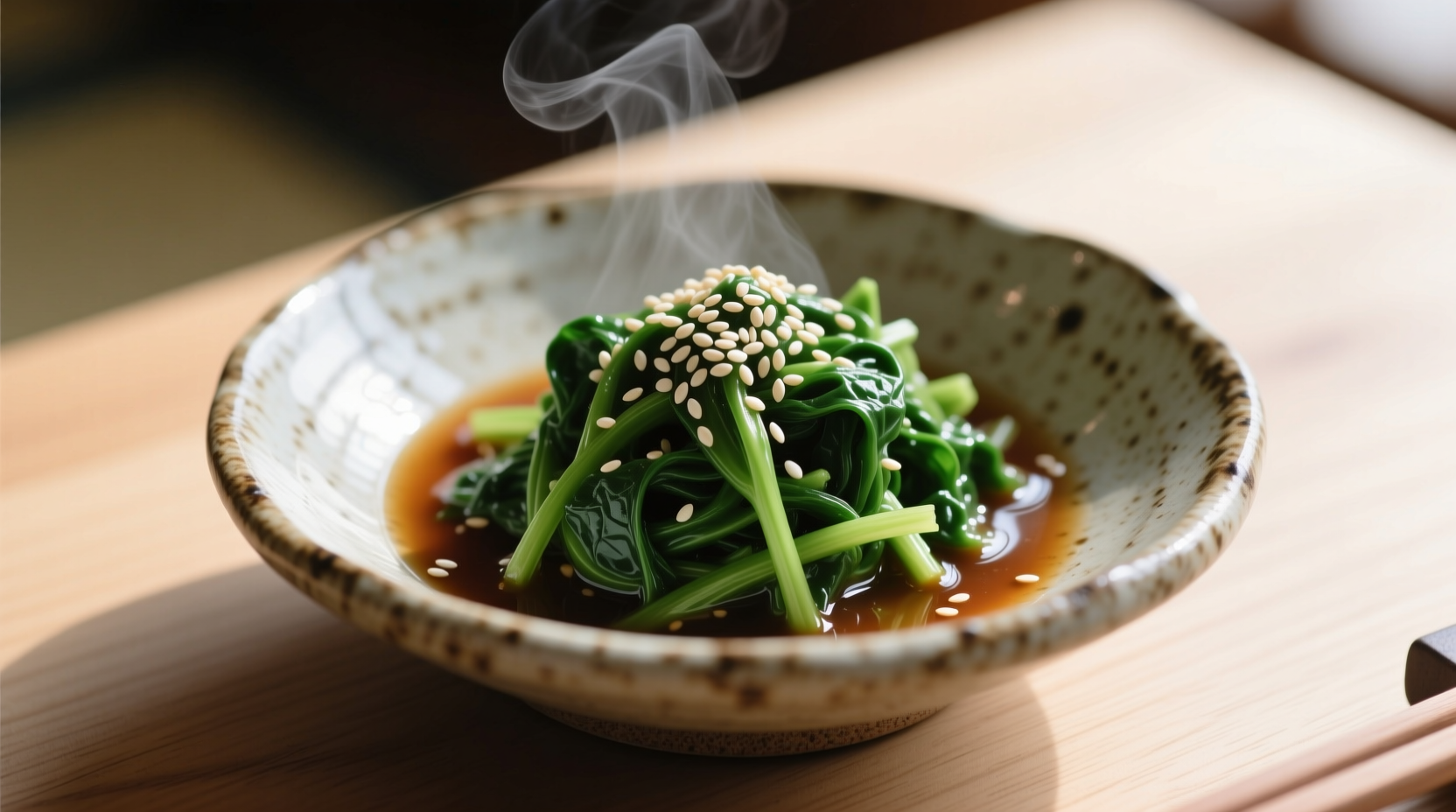 Fresh spinach gomae in ceramic dish with sesame garnish