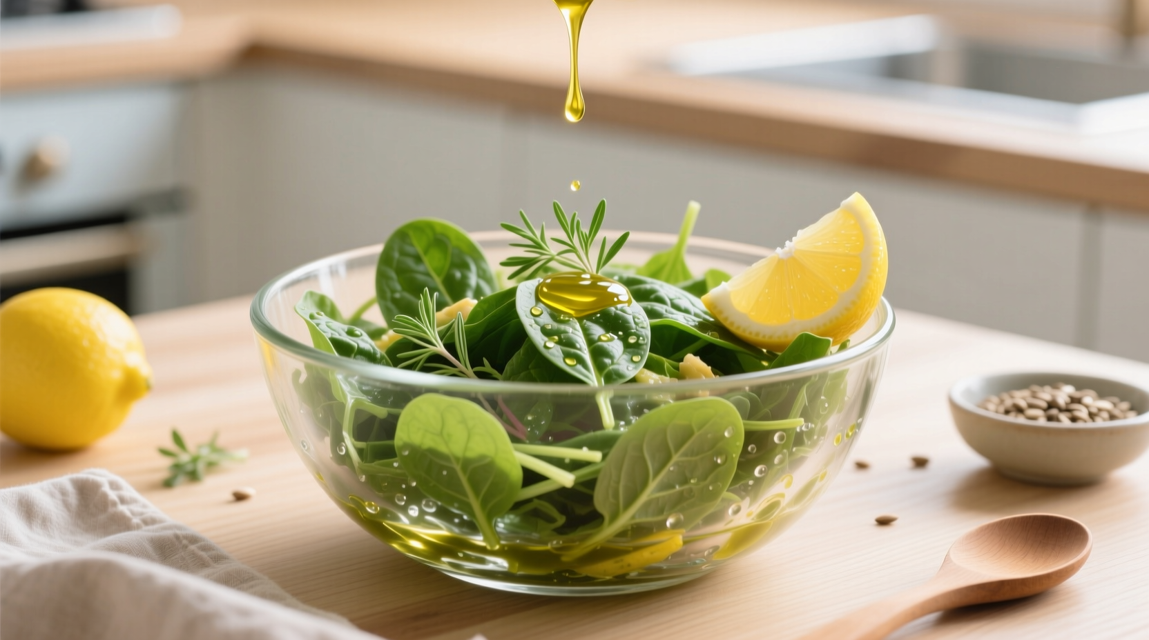 Fresh spinach salad with lemon dressing in glass bowl