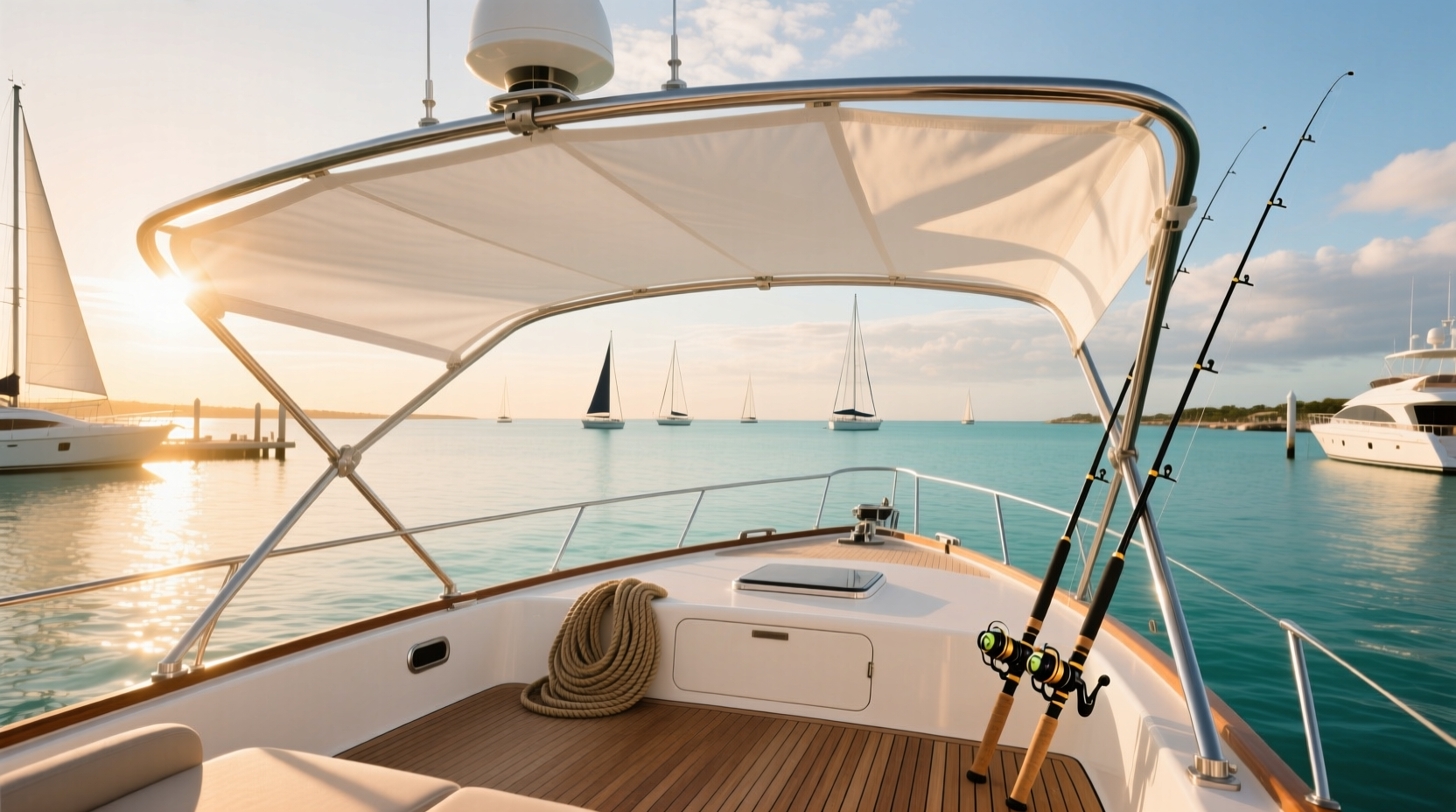 Collection of bimini tops for various boat sizes displayed in outdoor setting