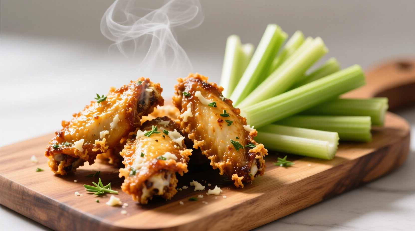 Crispy garlic parmesan wings served with celery sticks