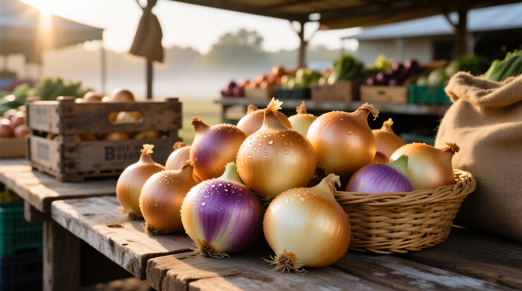Fresh Texas Sweet onions on wooden market table