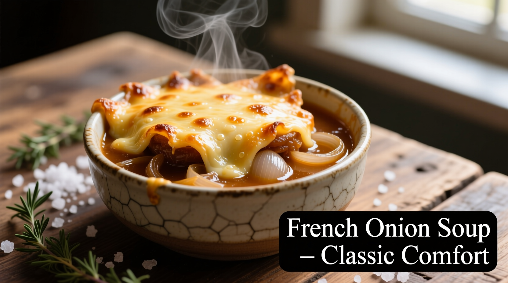 Bowl of French onion soup with melted cheese topping