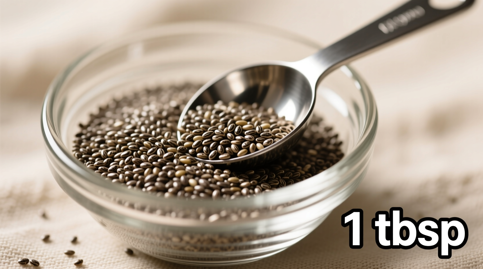 Chia seeds in a glass bowl with measuring spoon
