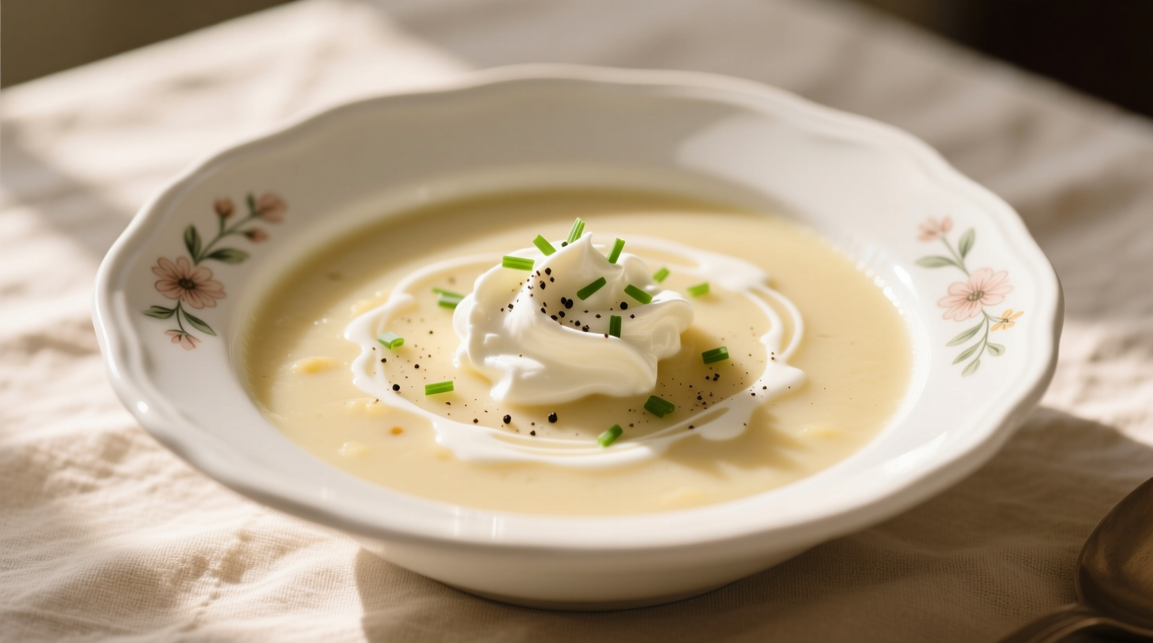 Creamy potato soup with cream cheese in white bowl