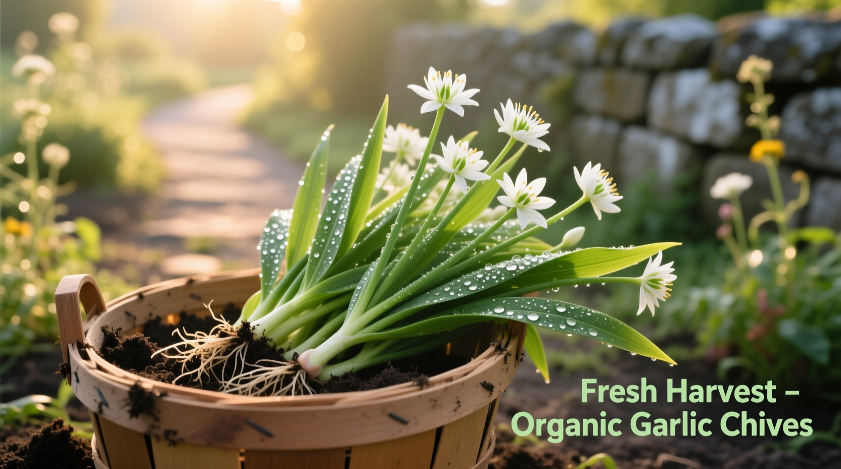 Freshly harvested garlic chives with white flowers