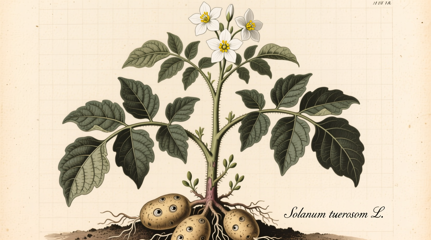 Potato plant showing tubers and flowers