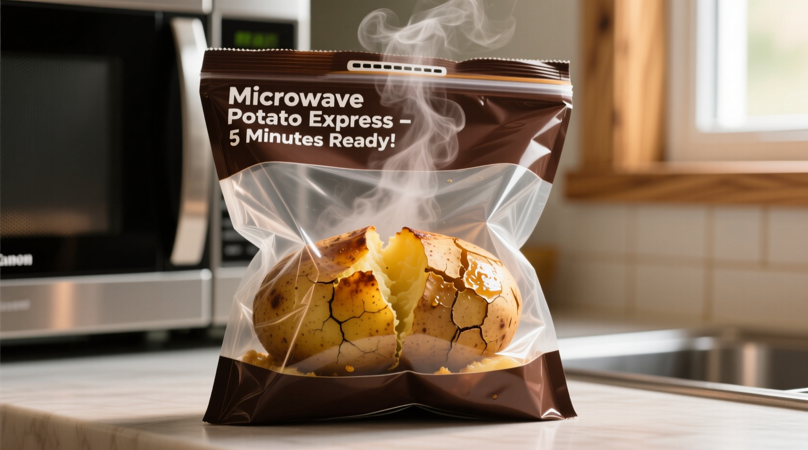 Microwave potato express bag with steaming baked potato