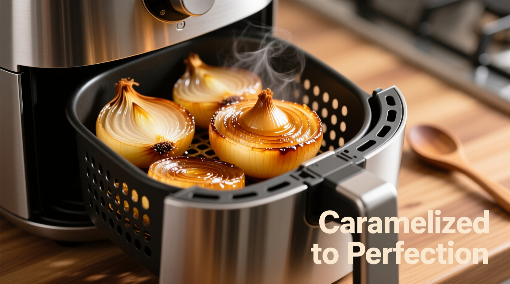 Golden caramelized onions in air fryer basket