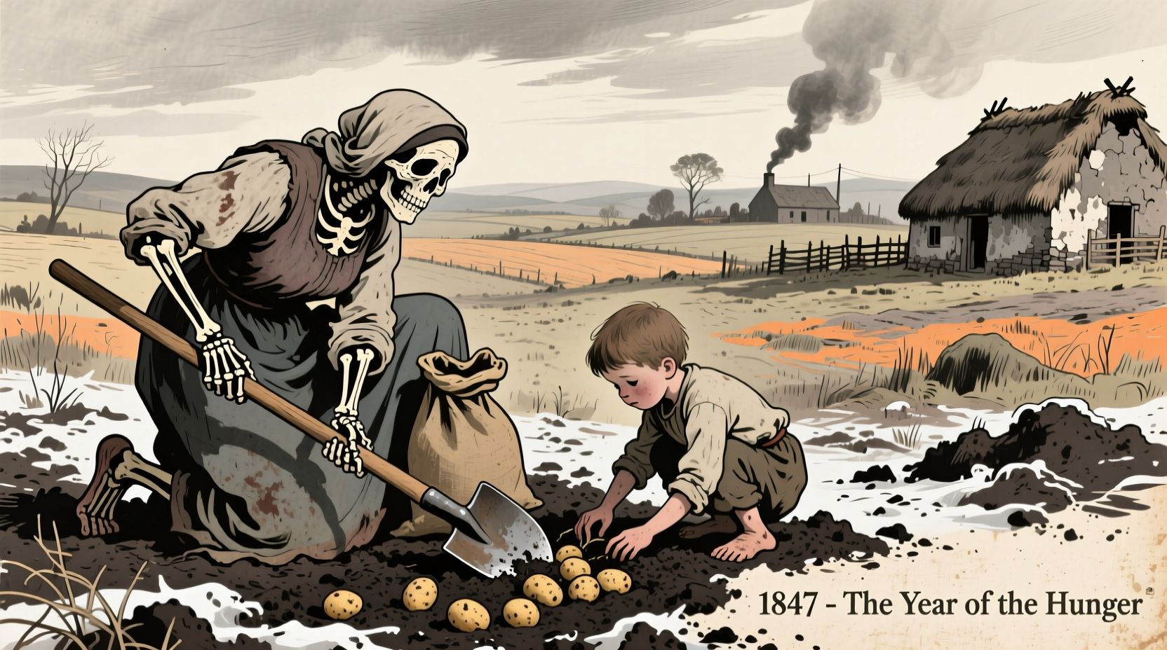 Historical illustration of Irish potato diggers during famine