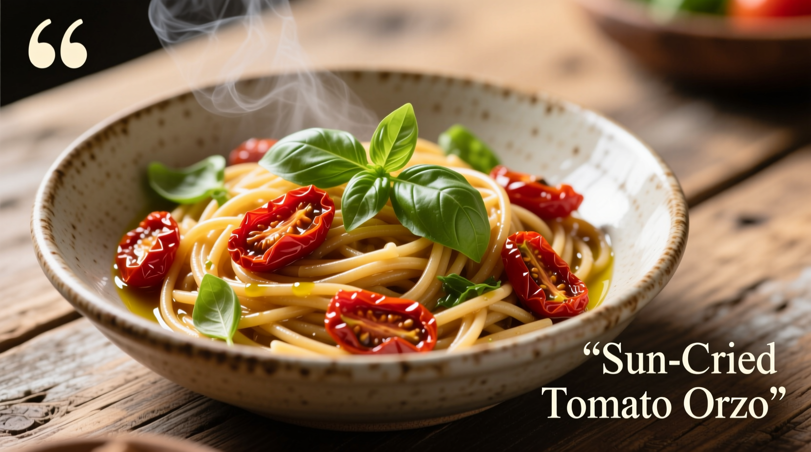 Sun dried tomato orzo with fresh basil garnish