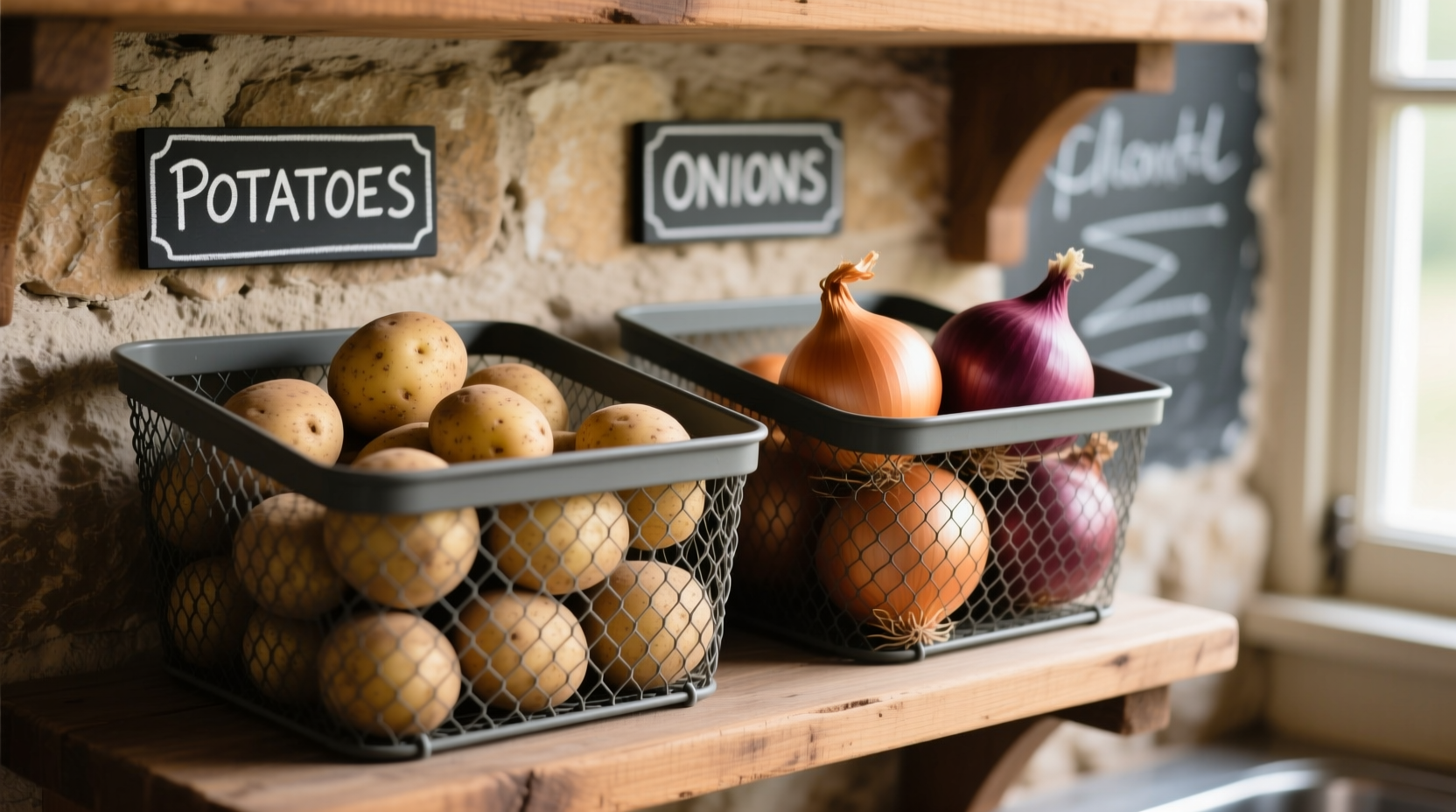 Properly stored potatoes and onions in separate ventilated bins