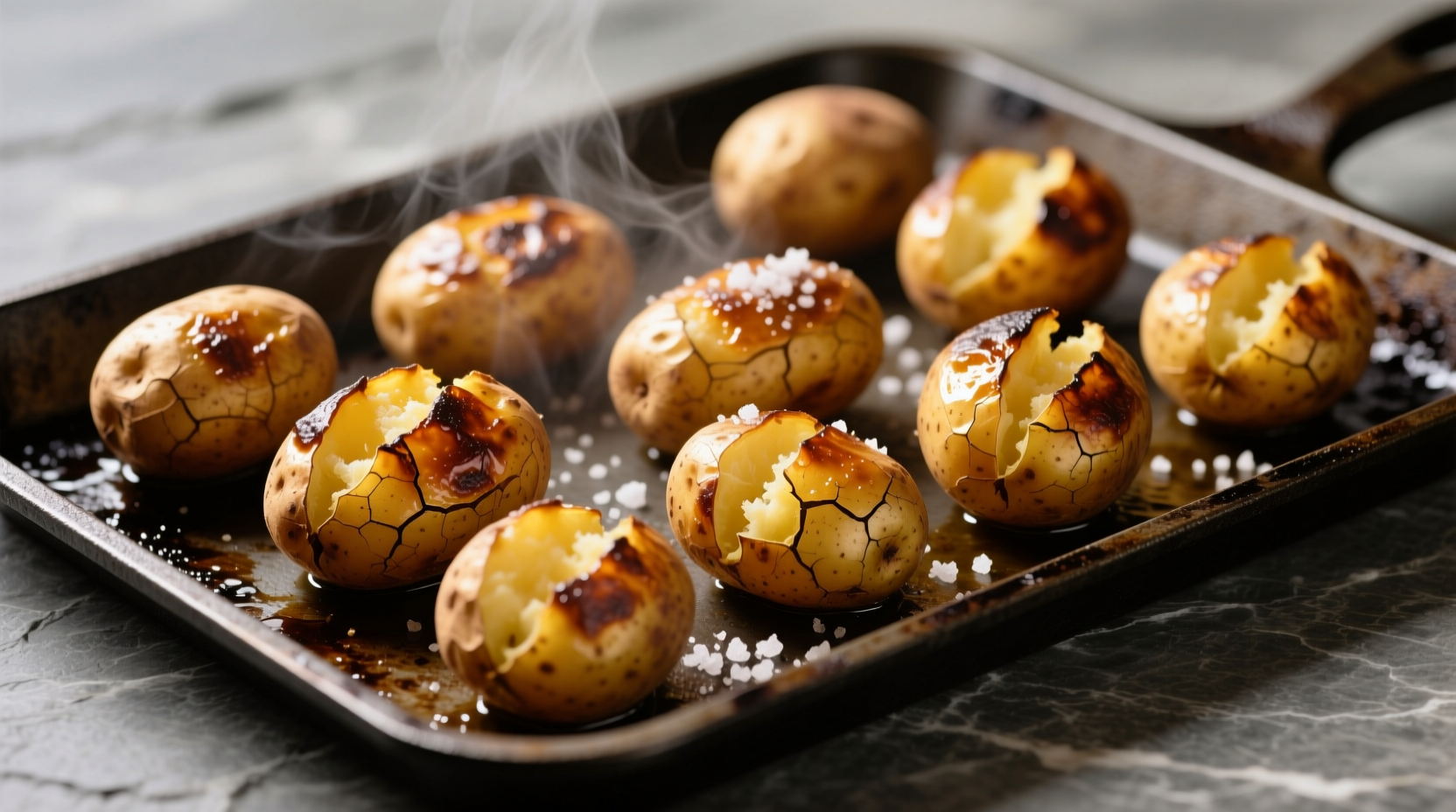 Perfectly roasted golden potatoes on baking sheet