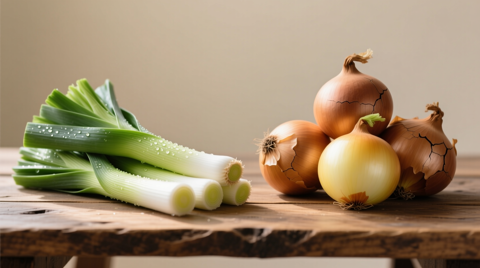 Side-by-side comparison of fresh leeks and yellow onions