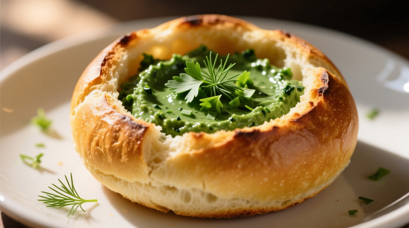 Spinach dip served in golden bread bowl with fresh herbs