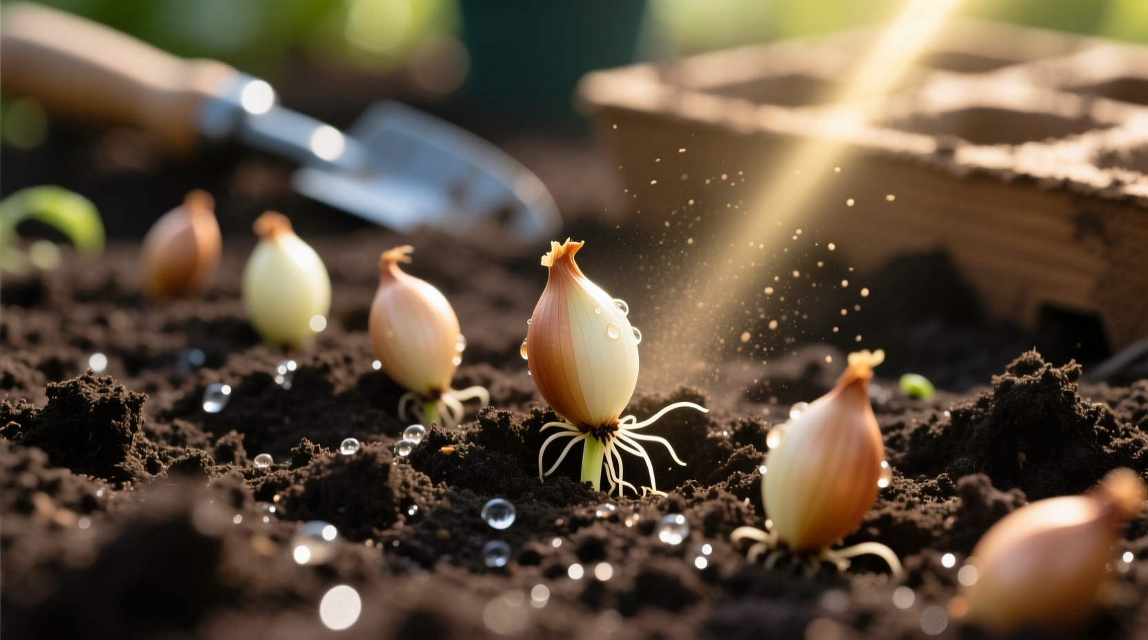 Close-up of onion seeds being planted in soil