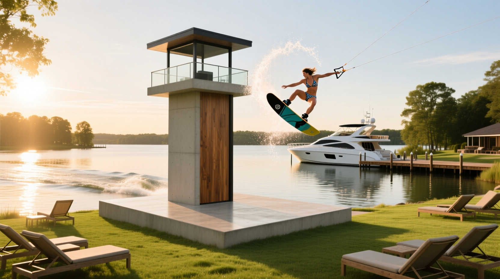 Side profile of a wakeboard tower with rider preparing to launch