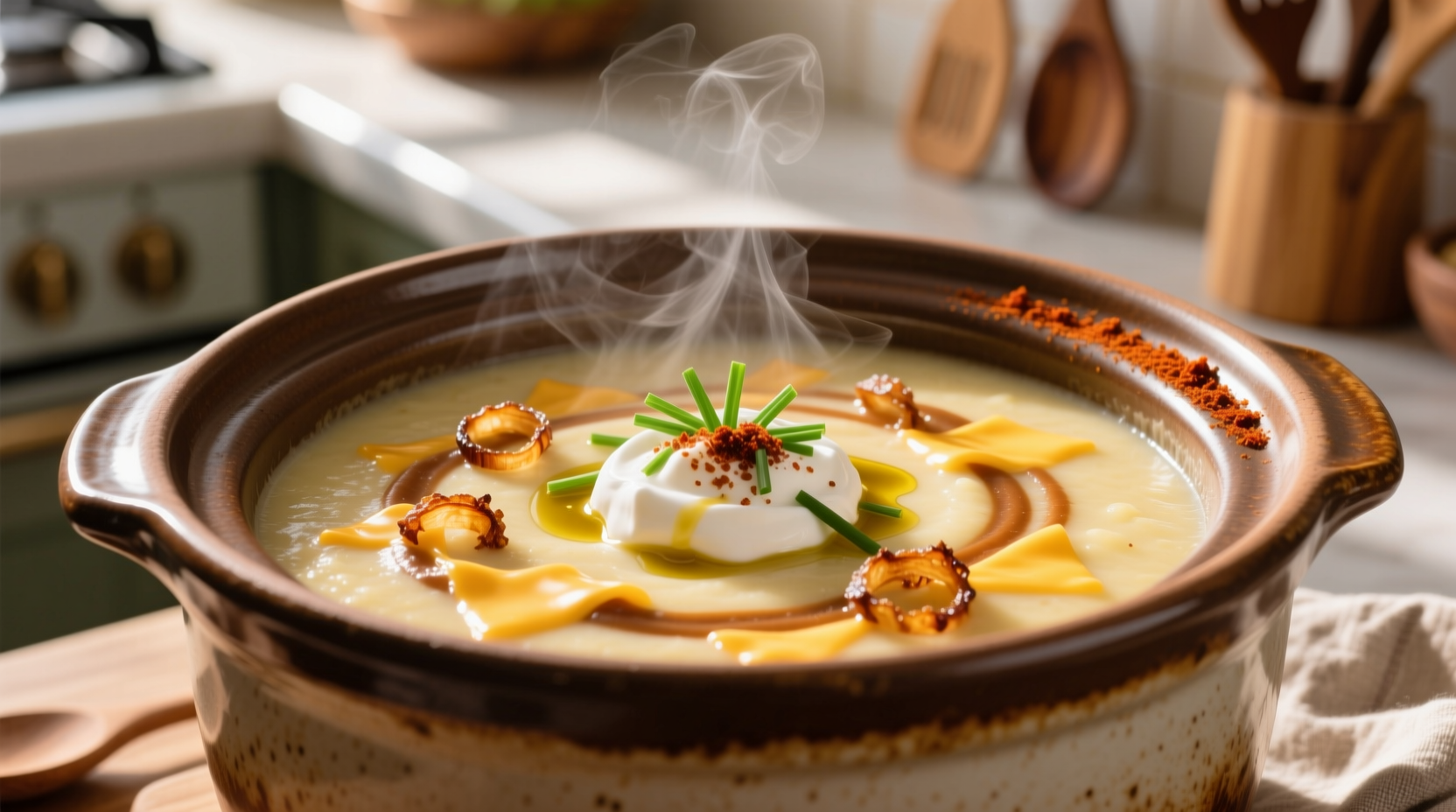 Slow cooker filled with creamy potato soup and toppings