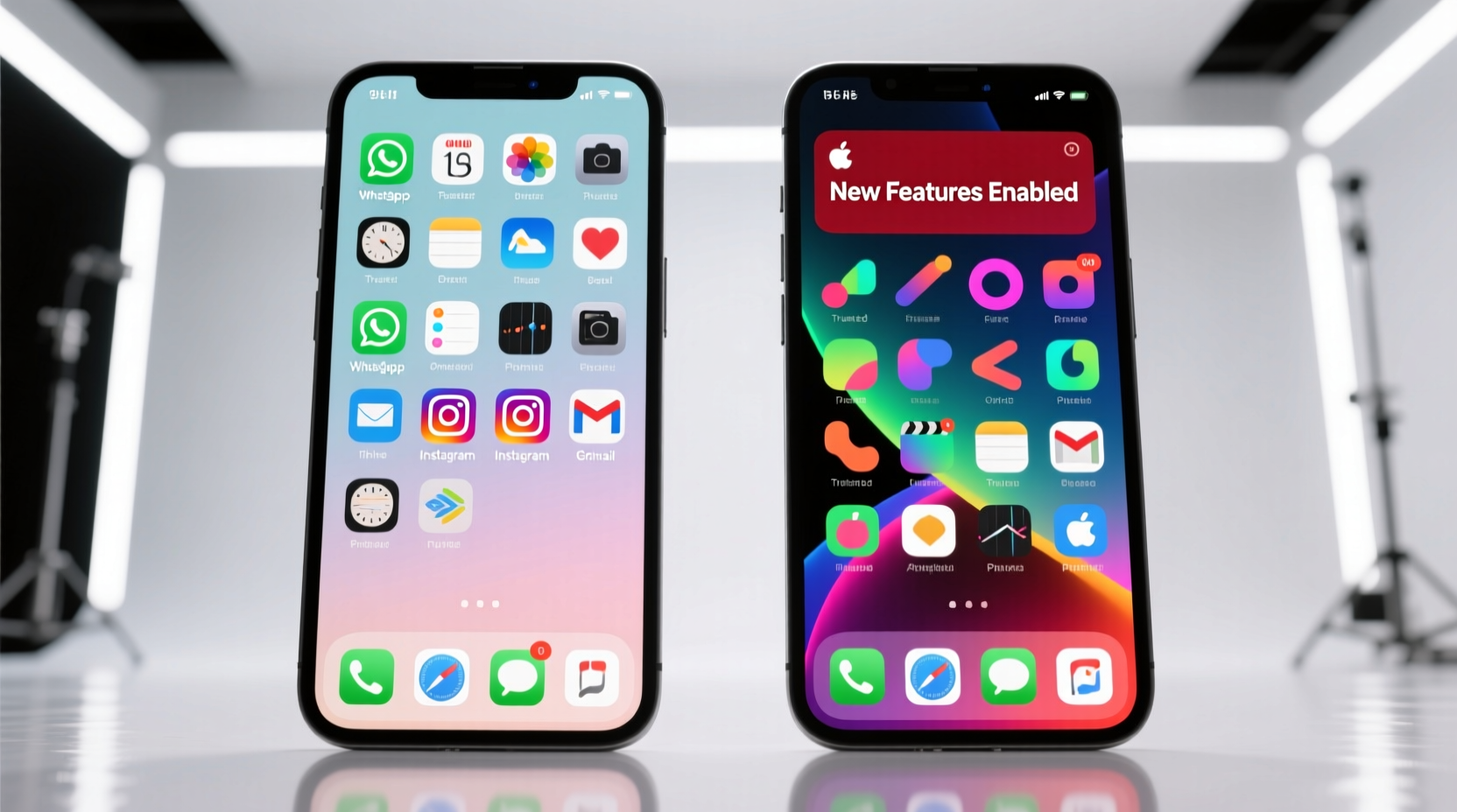 Side-by-side comparison of two smartphone screens: left shows a clean, familiar home screen with trusted app icons; right shows the same screen with altered layout, unfamiliar icons, and a persistent notification banner reading 'New Features Enabled'—visually representing unintended disruption from automatic updates.
