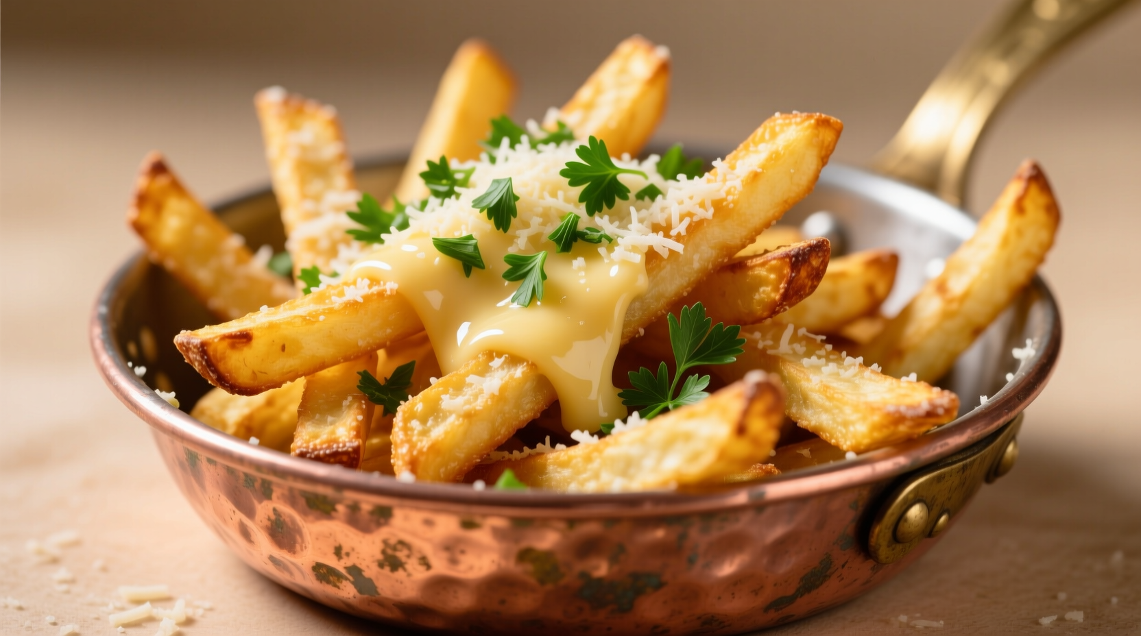 Golden garlic parmesan fries in a copper bowl with fresh parsley