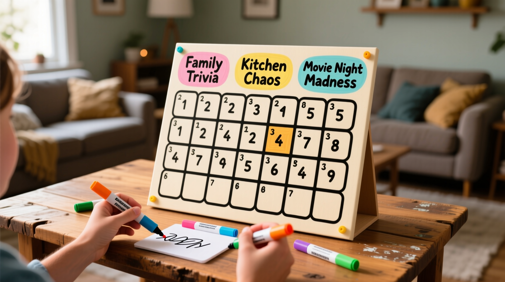 Group laughing while playing DIY Jeopardy with custom 'Family Trivia' categories