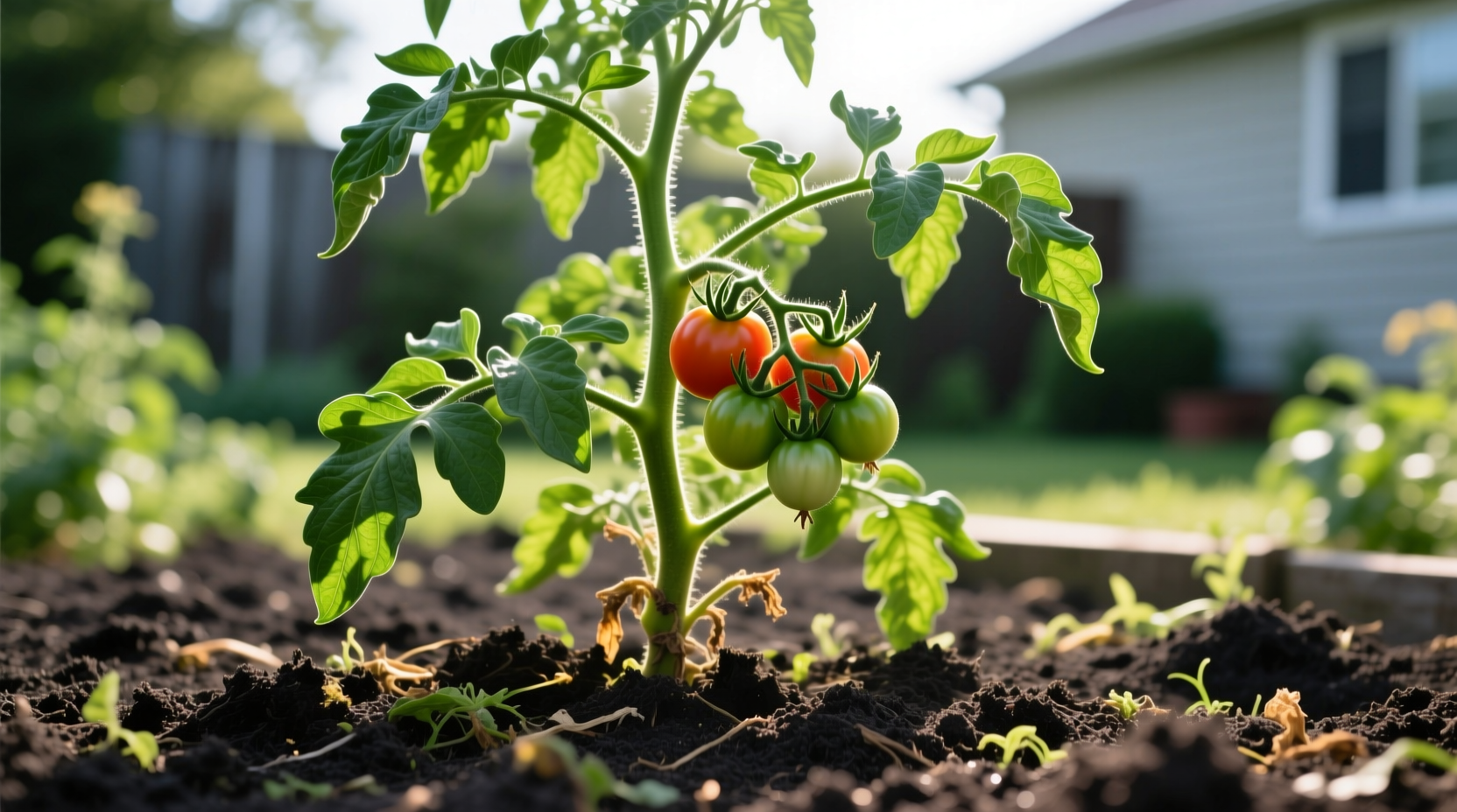 Tomato plant showing healthy growth in garden soil
