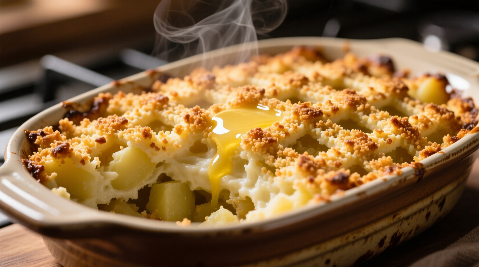 Golden mashed potato casserole with crispy breadcrumb topping