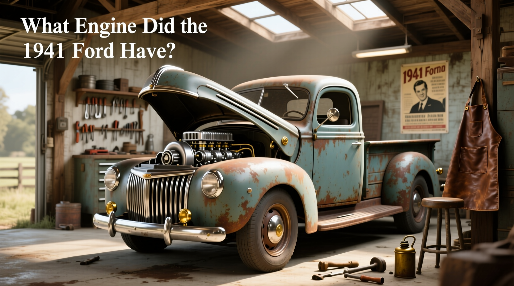 Engine bay of a 1941 Ford pickup showing flathead V8 engine