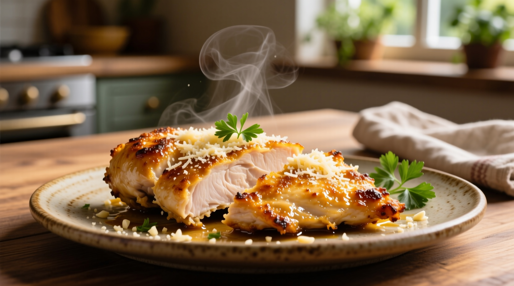 Golden brown parmesan crusted chicken with garlic