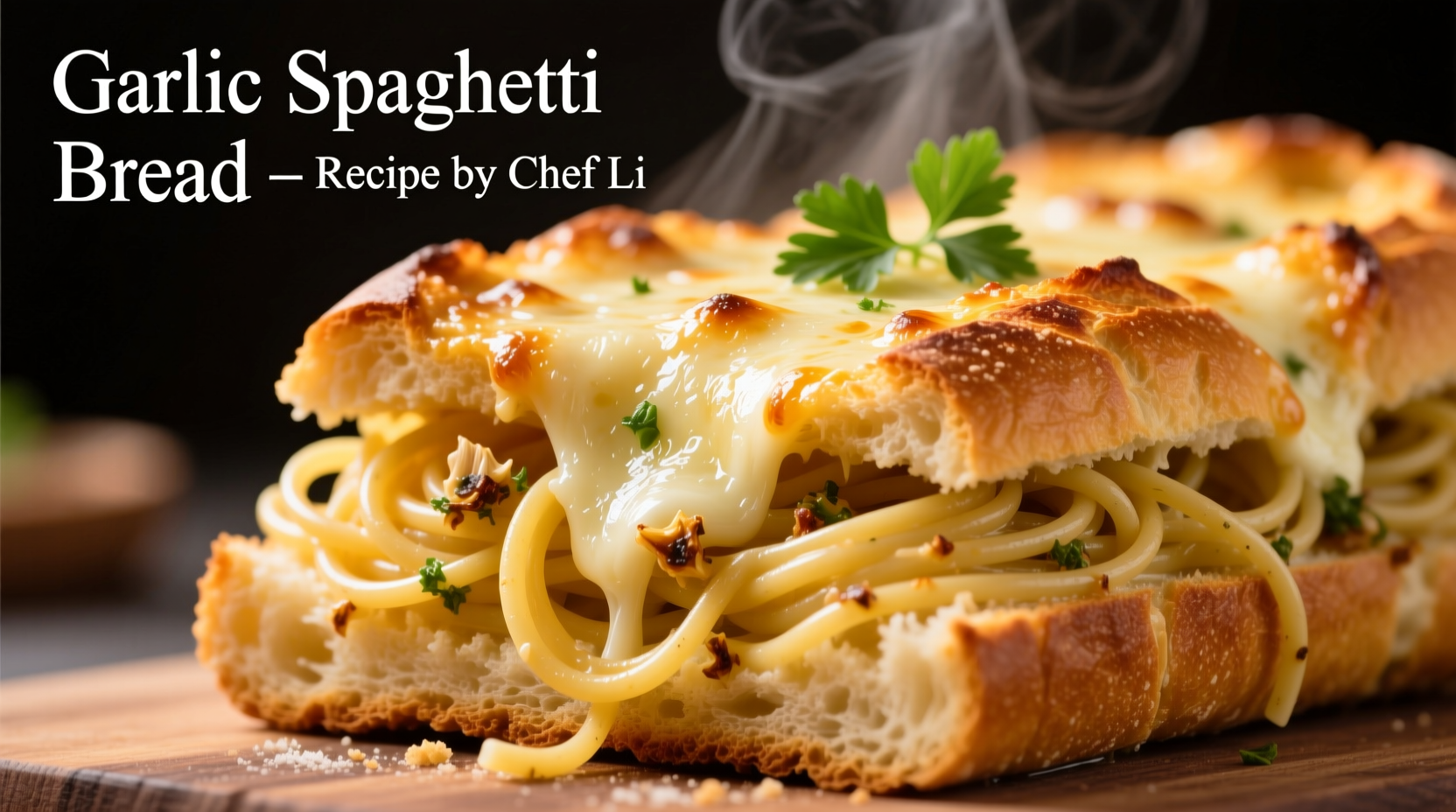 Golden spaghetti garlic bread with melted cheese
