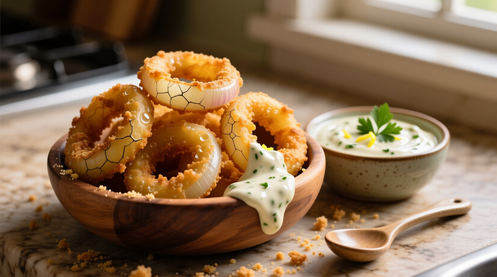 Homemade onion rings with creamy dipping sauce