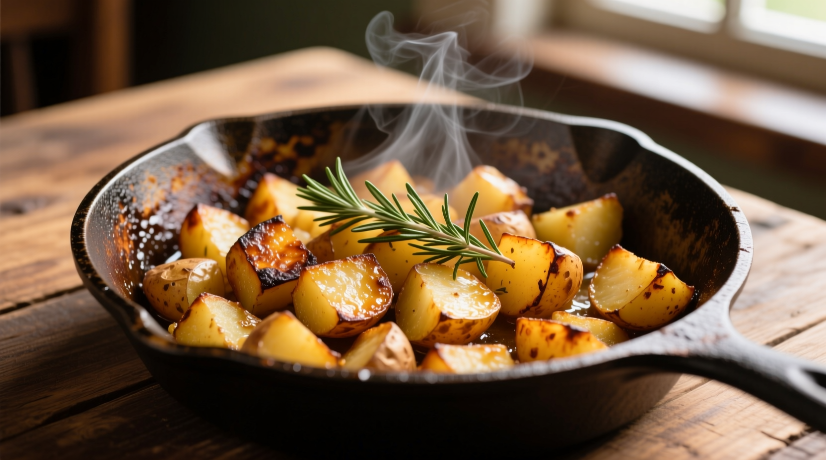 Golden brown potato hash with crispy edges in cast iron skillet