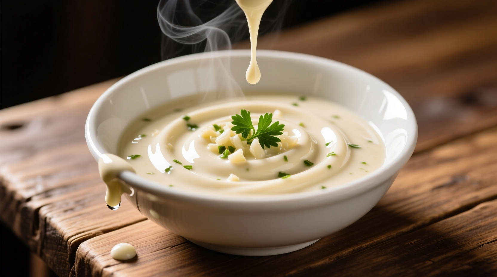 Creamy garlic sauce in white ceramic bowl
