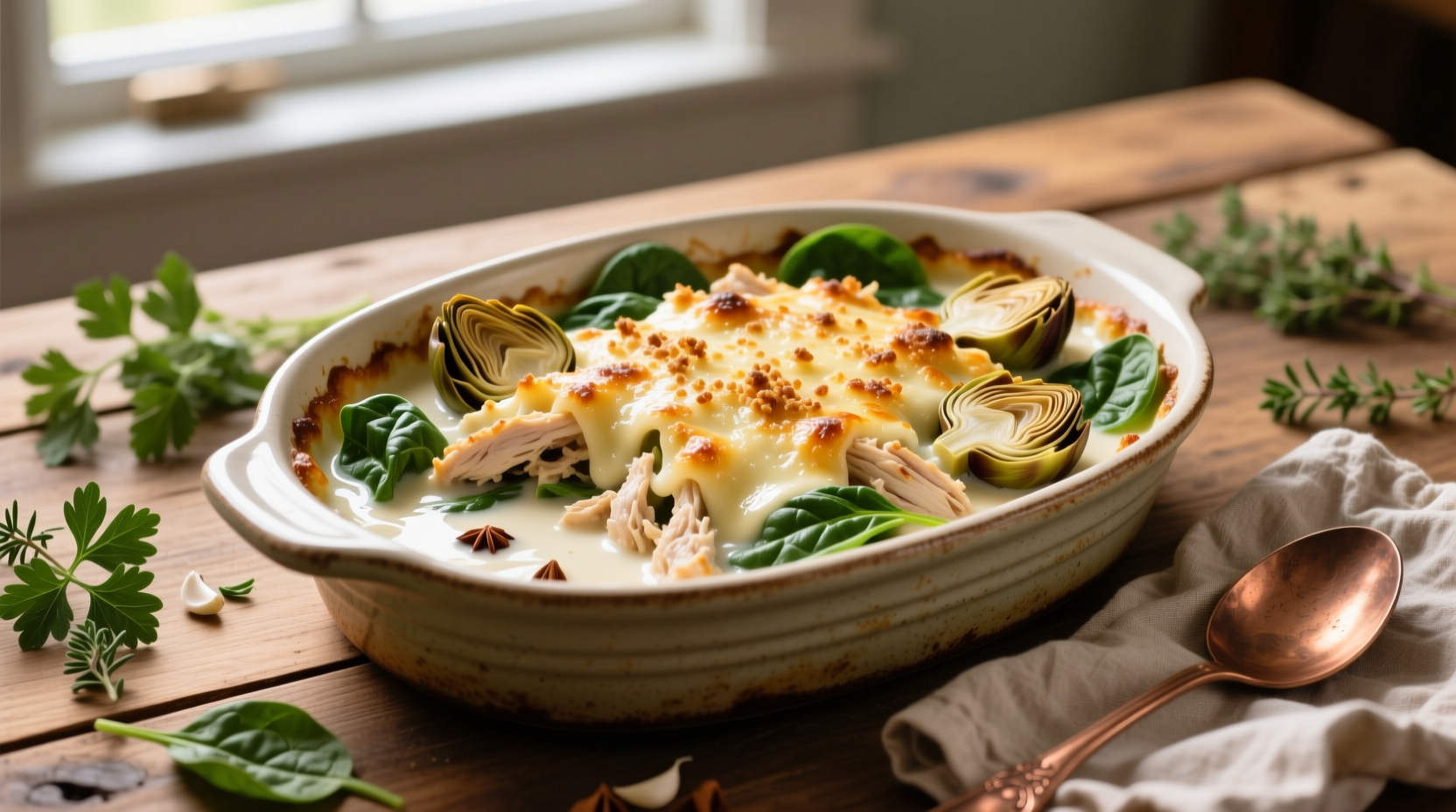 Creamy spinach artichoke chicken casserole in baking dish