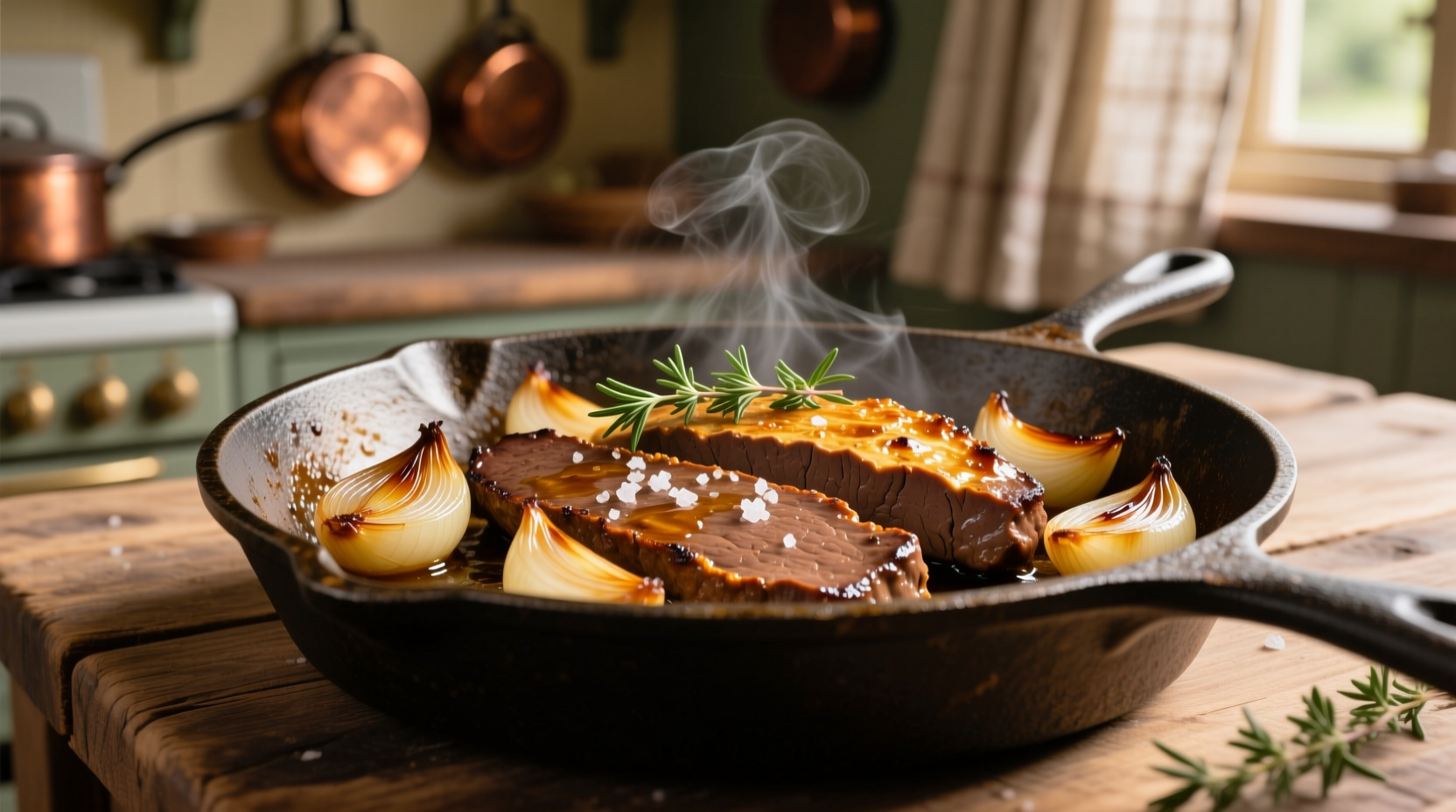 Golden brown liver slices with caramelized onions in cast iron skillet