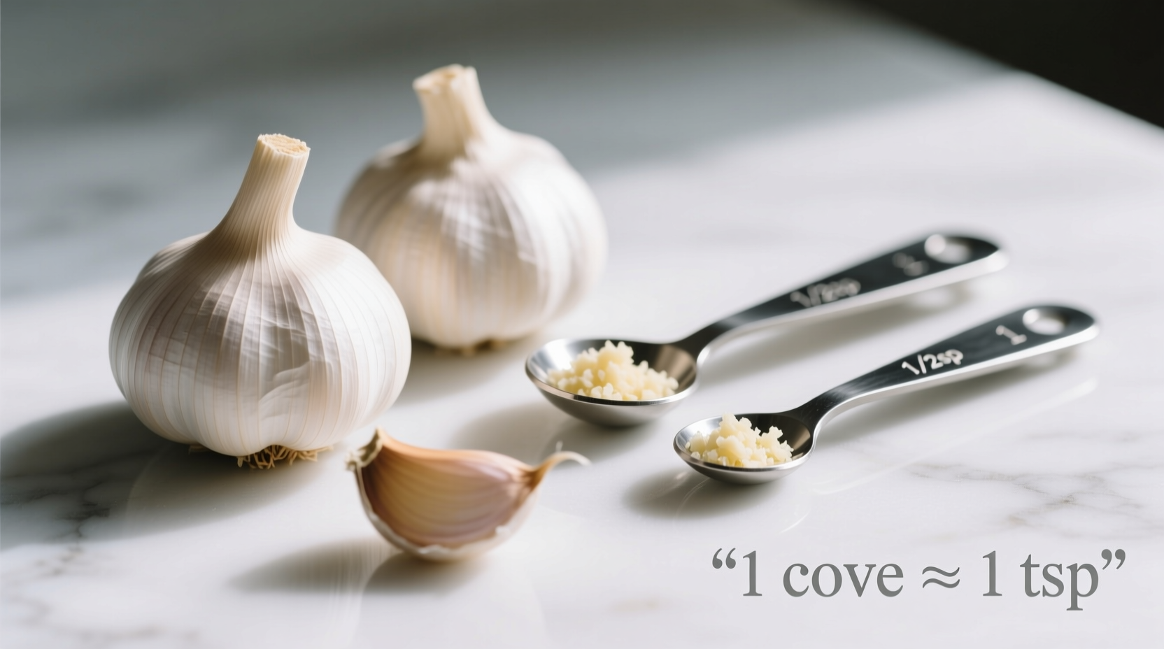 Three medium garlic cloves next to measuring spoons showing equivalent volume