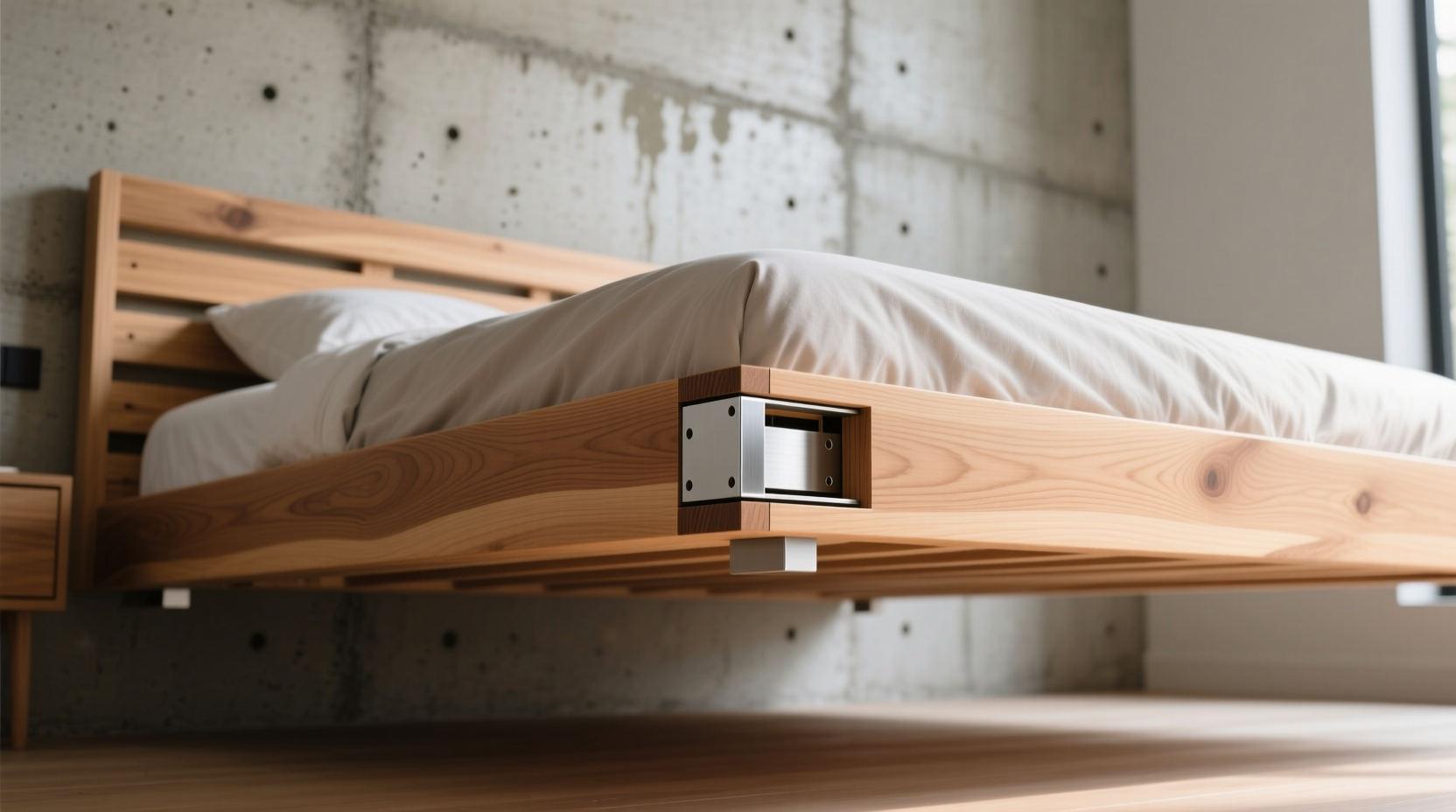 Floating bed frame expansion gap detail showing seasonal movement solution