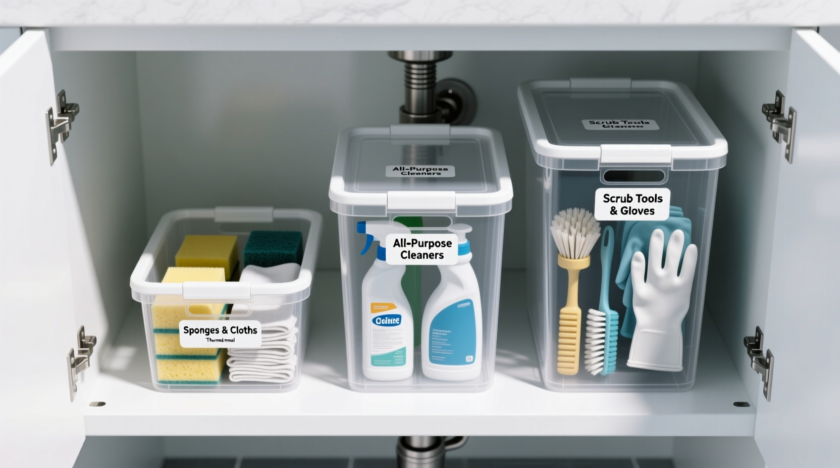 Overhead photo of a standard-depth kitchen sink cabinet showing two white tension rods installed vertically, with four color-coded mesh pouches hanging neatly: blue for glass cleaner, green for disinfectant, yellow for all-purpose, and gray for microfiber cloths—each pouch clearly labeled in bold black sans-serif font, bottles upright and spaced for airflow