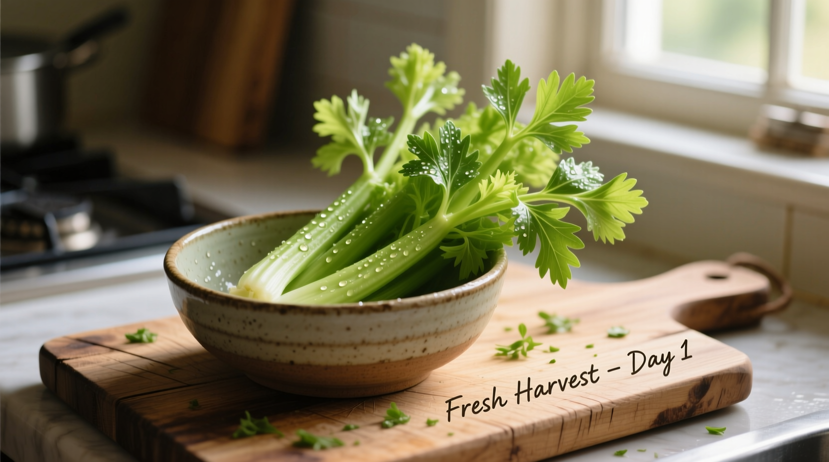 Fresh celery leaves in a bowl with chopping board