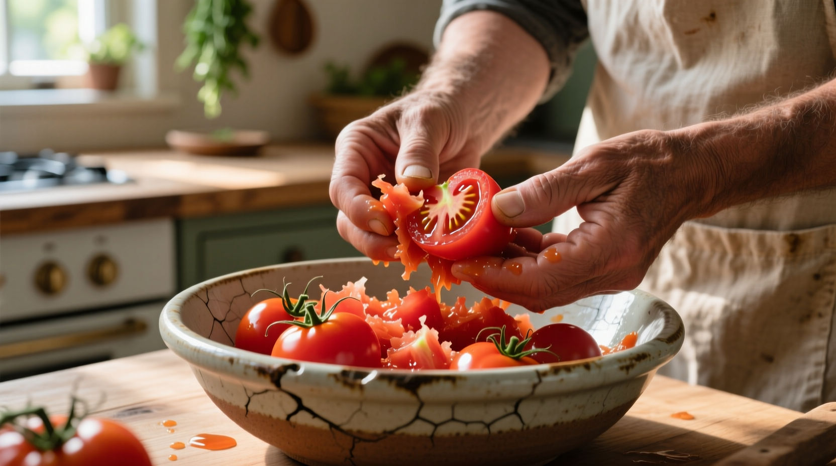 Hand-crushed San Marzano tomatoes in ceramic bowl