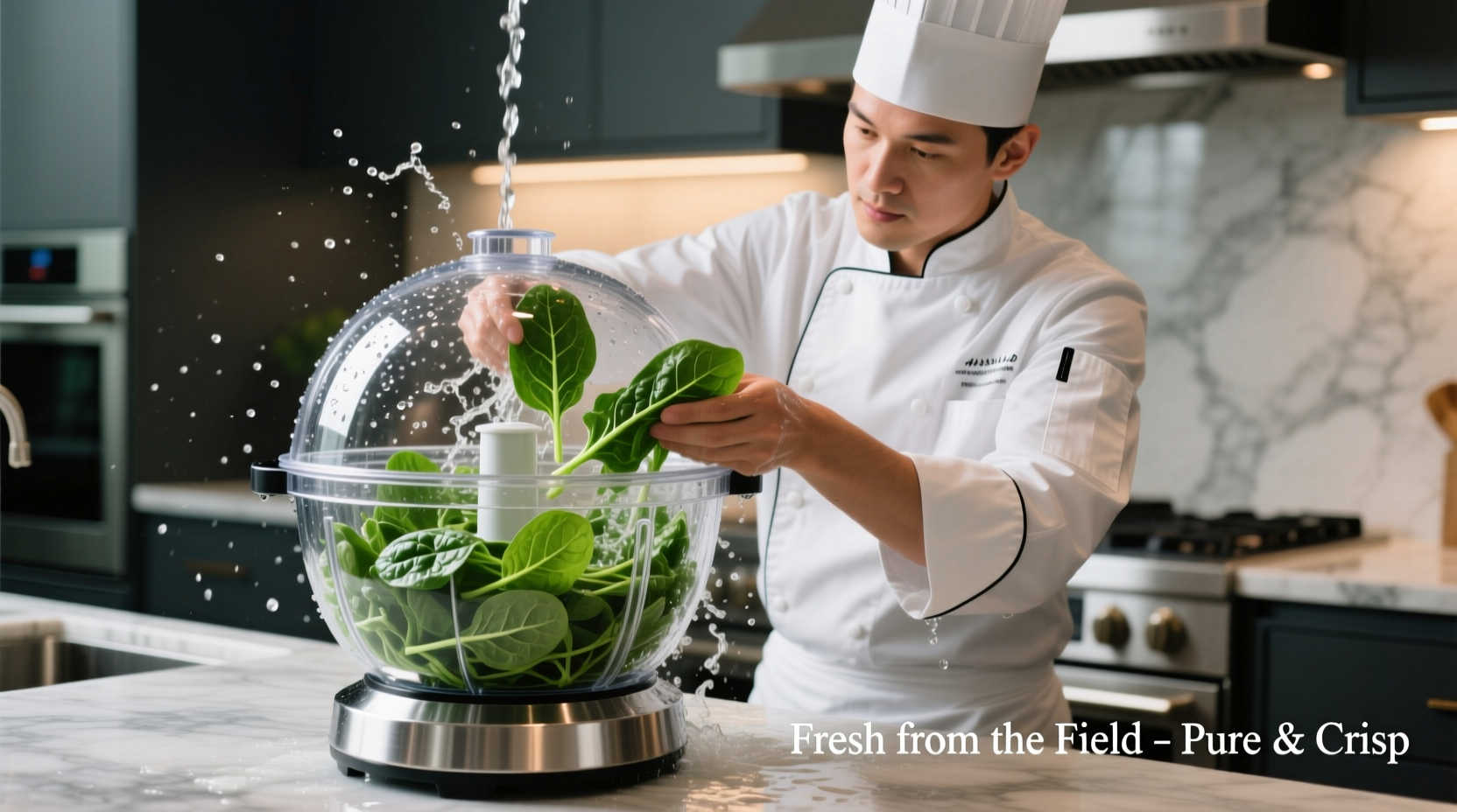Professional chef washing fresh spinach in salad spinner