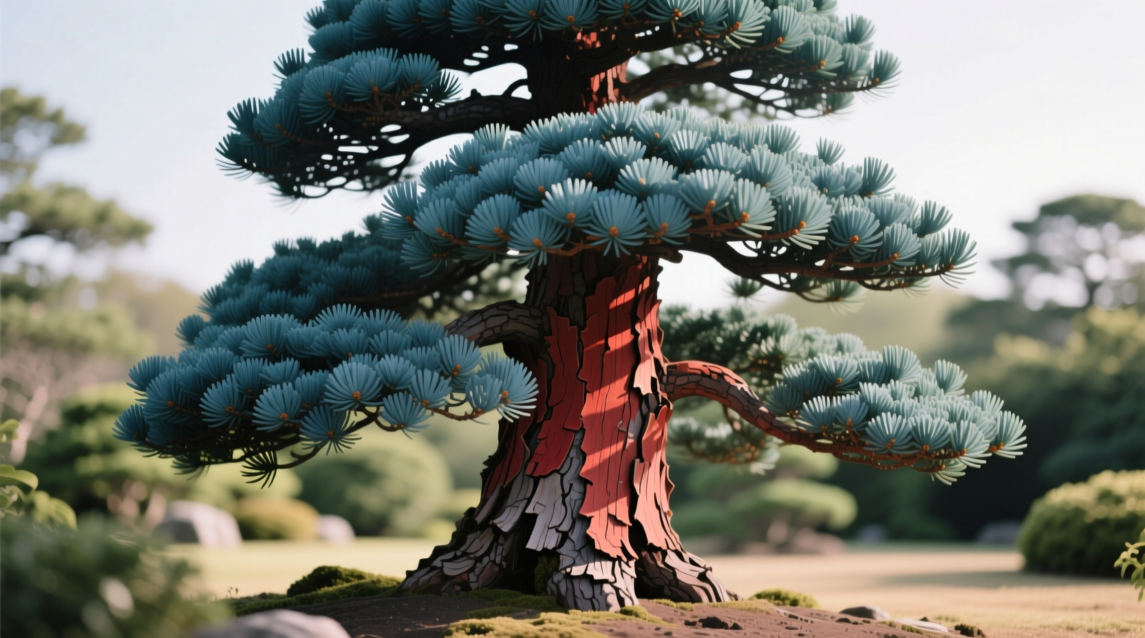 Mature Cryptomeria japonica tree showing pyramidal shape, bluish-green foliage, and reddish-brown shredding bark in a garden setting